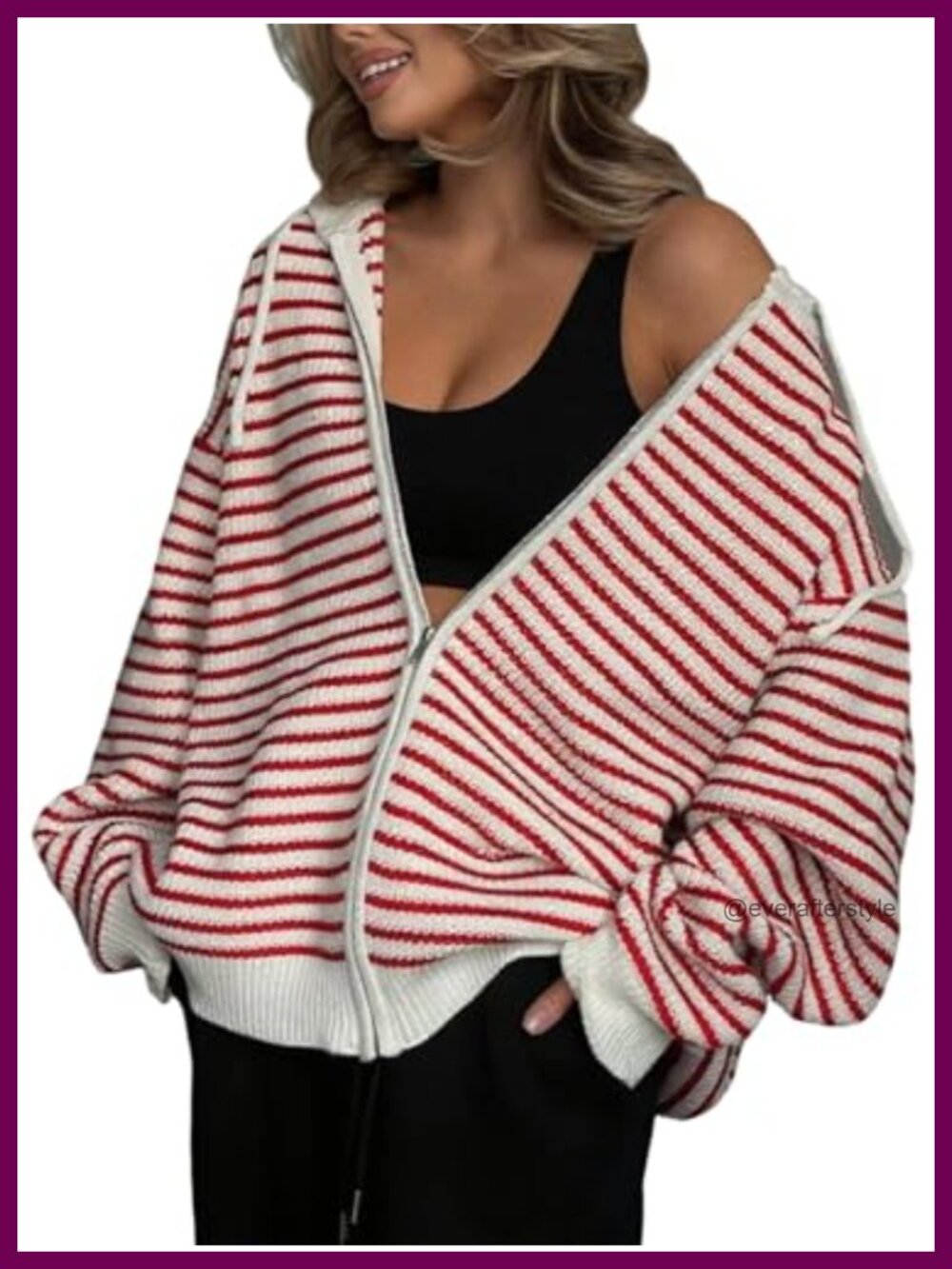 Womens Striped Zip Up Hooded Knit Sweater Oversized Cardigan
